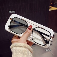 时尚复古双梁变色眼镜框男防蓝光平光镜近视成品眼镜女士变色镜片