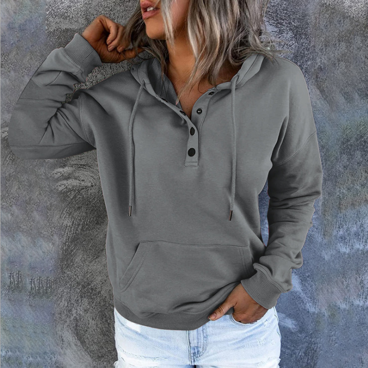 Damen Kapuzen Pullover Lange Ärmel Tasche Taste Lässig Einfarbig display picture 2