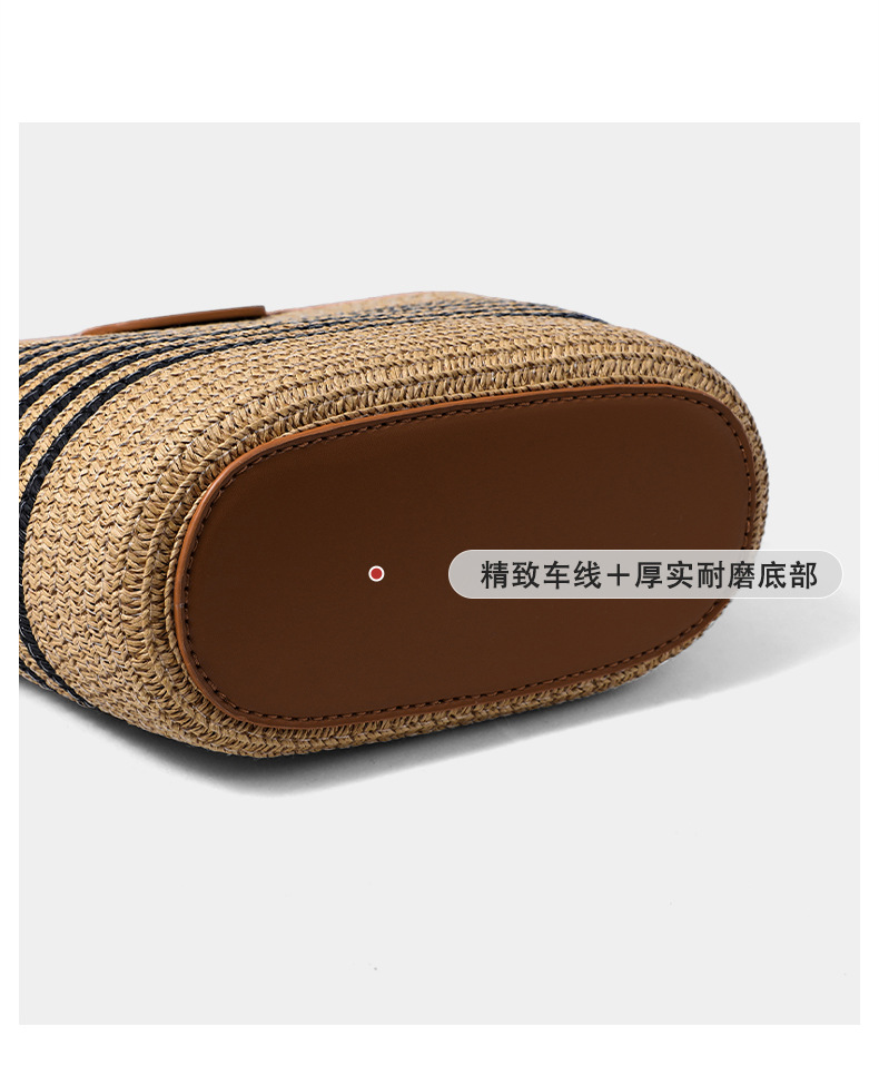 Túi bucket nữ dệt cói đi biển quai đeo chéo — màu kaki, Kaki (phiên bản công cộng) chi tiết 18