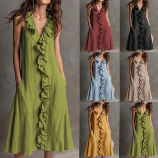 In-Stock Amazon Cross-Border Women's Clothing Spring/Summer New Solid Color Sleeveless Cotton-Linen V-Neck Flared Ruffle Dress In-Stock Amazon Cross-Border Women's Clothing Spring/Summer New Solid Color Sleeveless Cotton-Linen V-Neck Flared Ruffle Dress