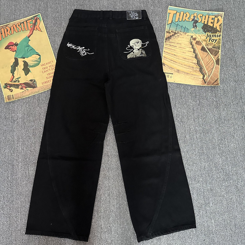 Vescartes Skull Smoke Embroidery Jeans Loose High Street Wide Leg Baggy Men's Skull Jeans Vescartes Skull Smoke Embroidery Jeans Loose High Street Wide Leg Baggy Men's Skull Jeans