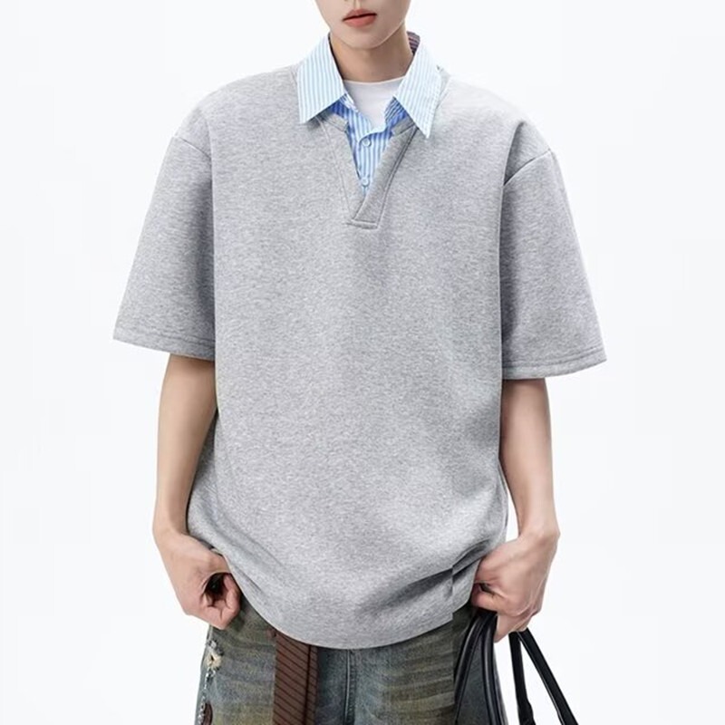 American-Style Fake Two-Piece Shirt with Collar, Short-Sleeve Men's Trendy Brand Loose Spliced T-Shirt, Spring/Summer Heavyweight Half-Sleeve Polo Shirt Top American-Style Fake Two-Piece Shirt with Collar, Short-Sleeve Men's Trendy Brand Loose Spliced T-Shirt, Spring/Summer Heavyweight Half-Sleeve Polo Shirt Top