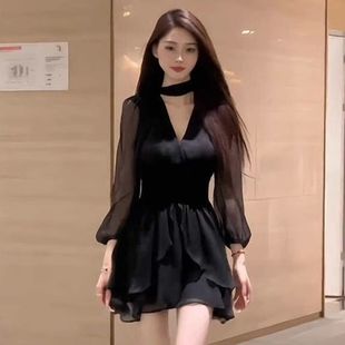 French Style Black Long-Sleeved Dress New High-End Waist Slimming Short Skirt