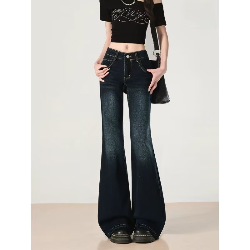 American-style dark blue flared jeans for women, new spring/summer style, slimming and non-tight-fitting, stretchy bell-bottom pants