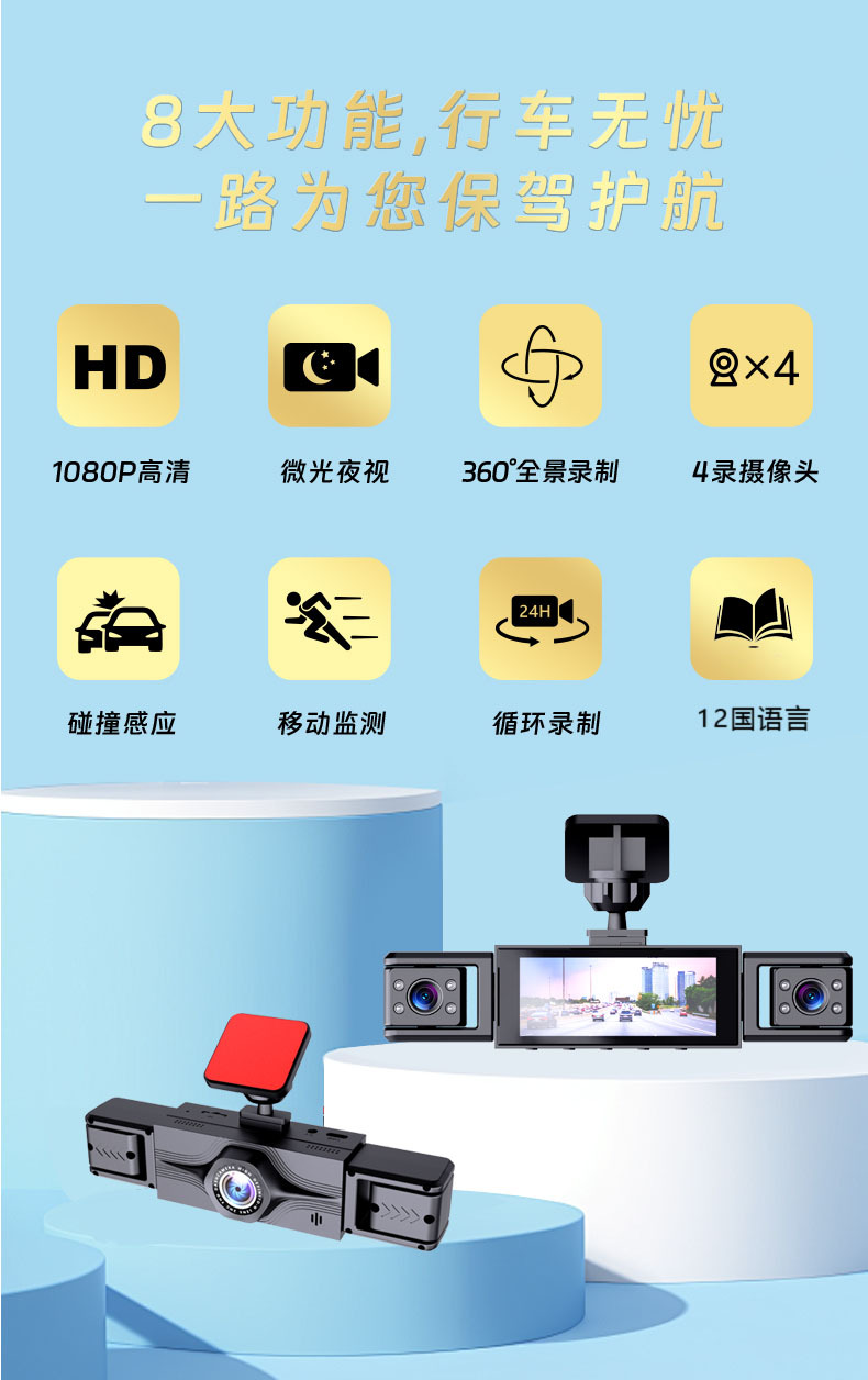 Cross-Border Exclusive Supply of Four-Channel Dash Cams 140 ° Wide-Angle 3.16inch Screen Loop Recording Parking Monitoring Y161