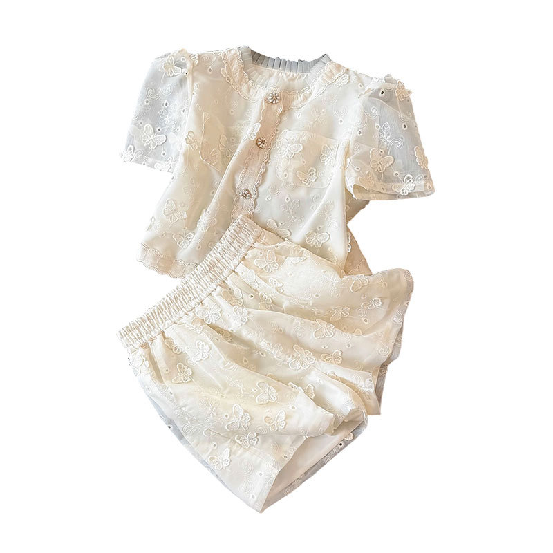Vêtements pour femmes, petit style, tempérament, costume féminin, nouveau design d'été, haut brodé en jacquard, short à jambes larges, costume deux pièces_voghion.com