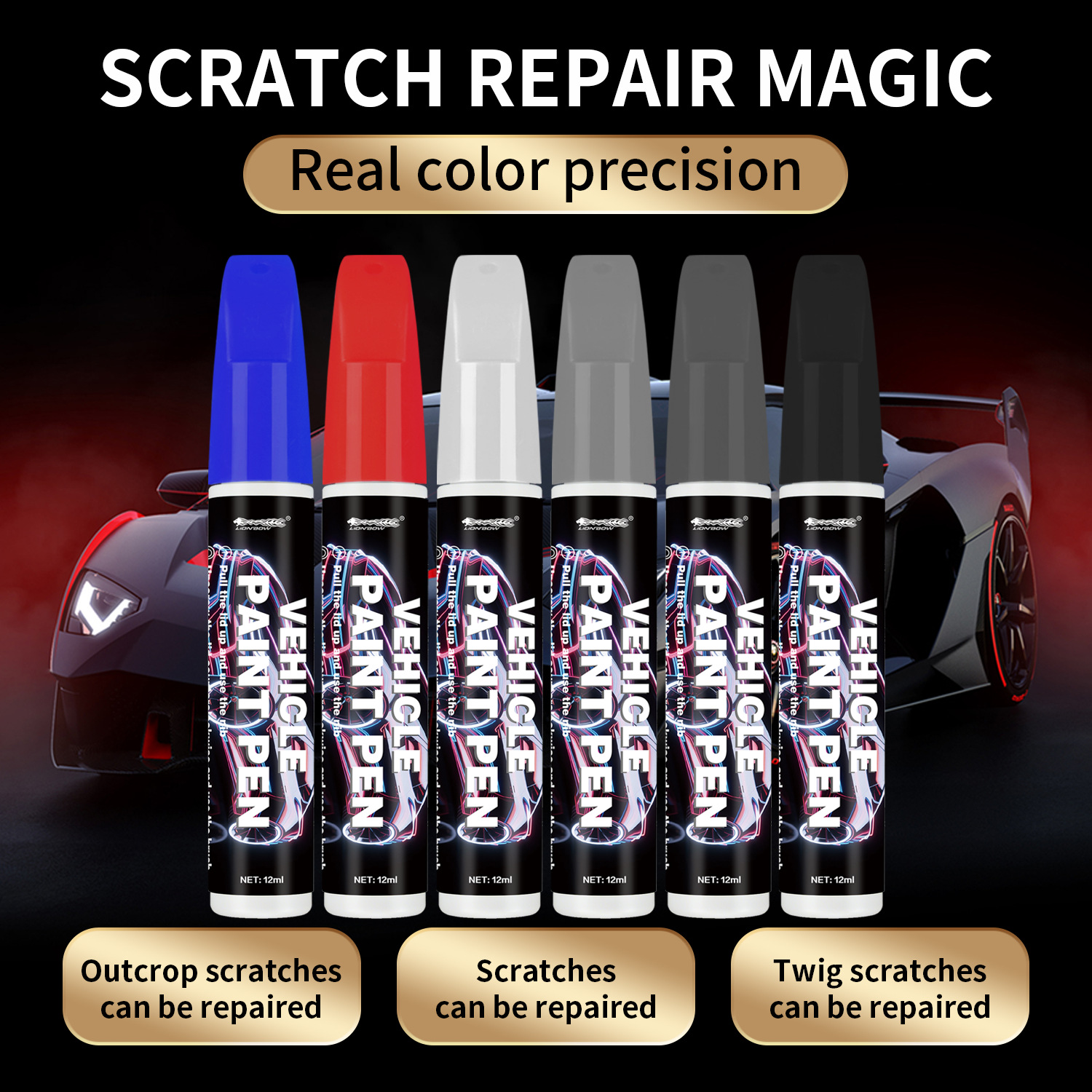Car Scratch Repair Paint Pen, Car Paint Touch-Up Pen, Black, Silver, Red, Pearl White Car Paint Repair Pen