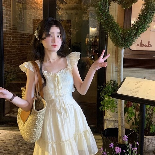 Summer Sweet and Spicy, Light Mature Style, Sweet, Youthful, Solid Color, Waist Cinching, Hong Kong Style Chic, Elegant Dress, Japanese Student Short Skirt