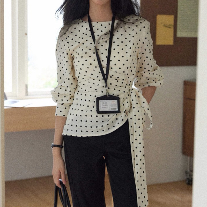 Wholesale from Stock Manufacturer: New Stylish Polka Dot Round Neck Long Sleeve Top for Women with Irregular Tie Waist Shirt