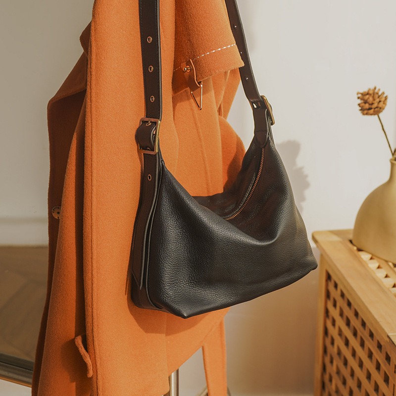 New Women's Genuine Leather Shoulder Bag, Fashion Retro Crossbody Bag, Top Grain Cowhide Versatile Zipper Soft Leather Commuter Bag - Thumbnail 7