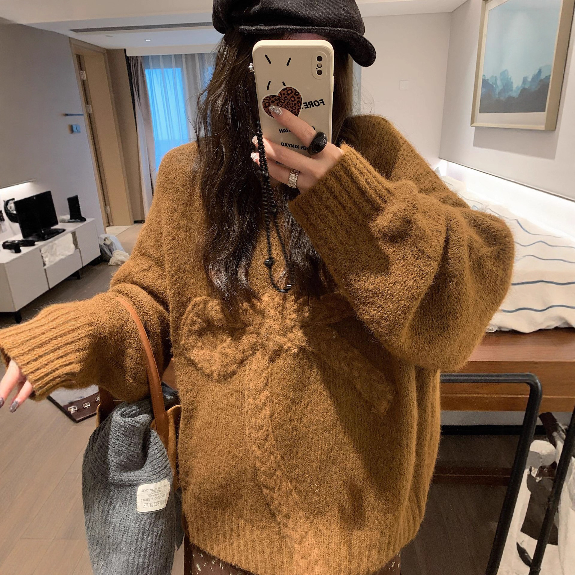 法式慵懒风灯笼袖蝴蝶结提花毛衣针织衫女软糯套头宽松羊毛上衣