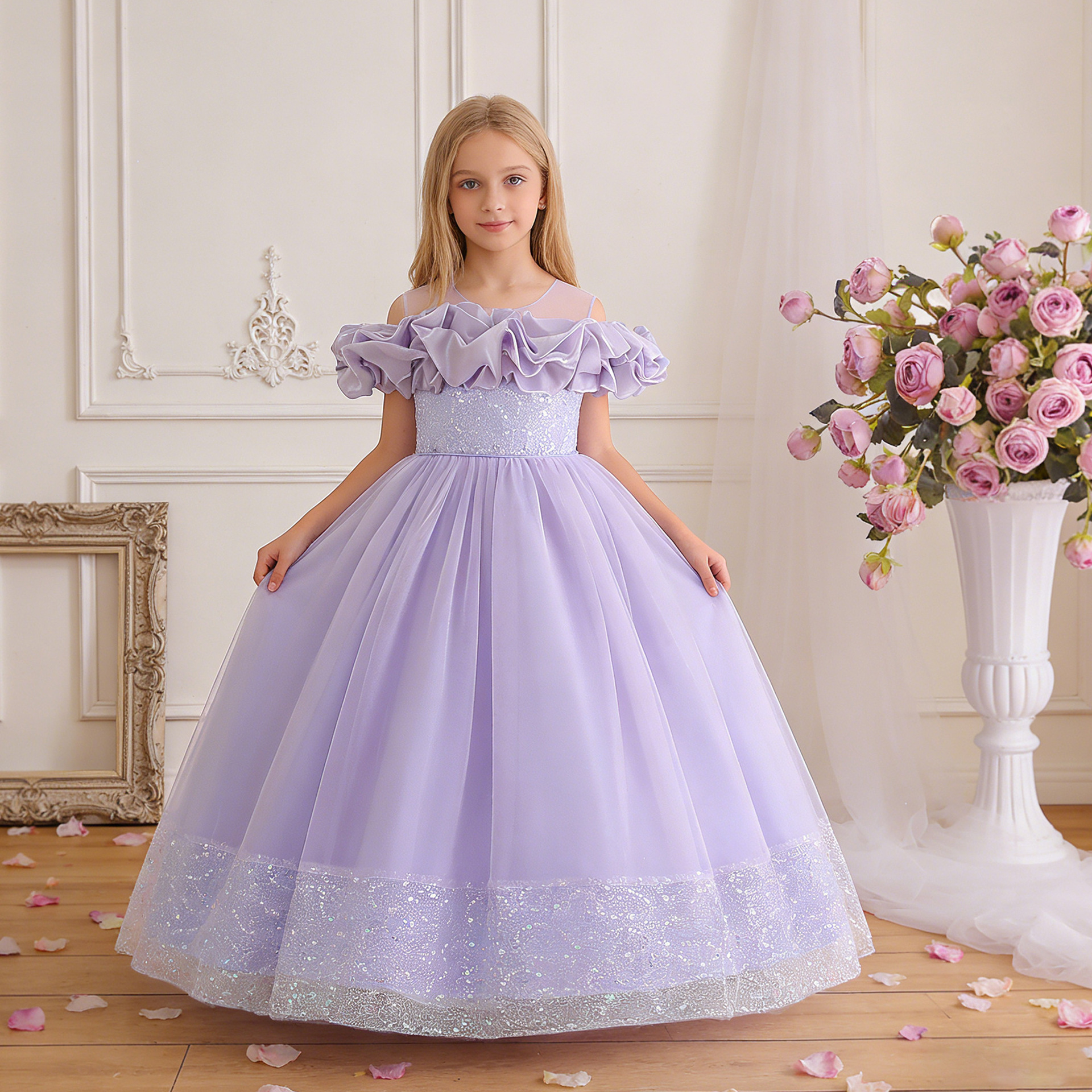 Ventas transfronterizas de vestidos de chicas grandes vestidos de ropa infantil de hombro de malla de tela larga vestida de princesa de lentejas