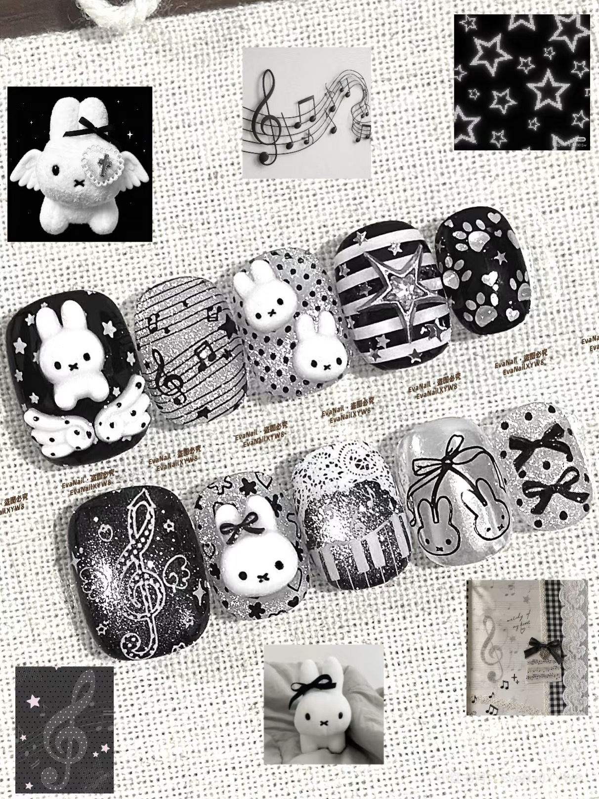 Trendy retro polka dot lily nail art stamping plate with vintage music notes, stars, butterflies, and gothic crosses