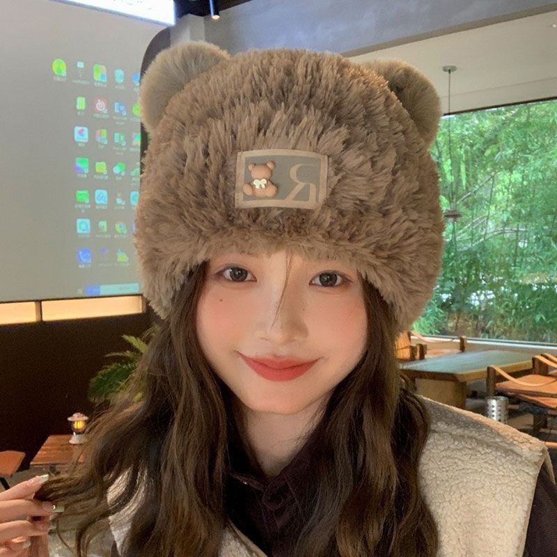 New Cute And Versatile Teddy Bear Plush Hat For Women, Korean Version, Outdoor Warmth And Cold Protection, Ear Protection, Woolen Hat, Knitted Hat_voghion.com