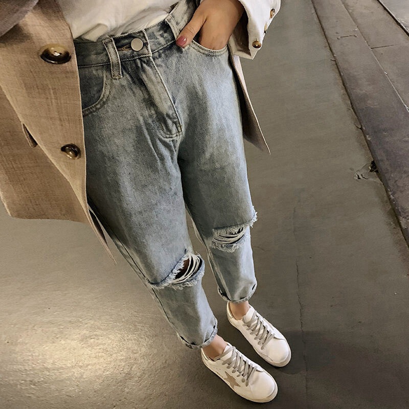 Ripped Jeans for Women, High-Waisted, Harem Style, Loose, Korean Style, Cropped, Distressed Pants, Straight-Leg Dad Pants, Trendy, Leg-Lengthening Ripped Jeans for Women, High-Waisted, Harem Style, Loose, Korean Style, Cropped, Distressed Pants, Straight-Leg Dad Pants, Trendy, Leg-Lengthening