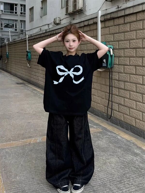 純粋な綿ルーズ黒半袖 Tシャツ女性の夏の新しい蝶プリントトップス女性 2025 新しいホットスタイル|undefined