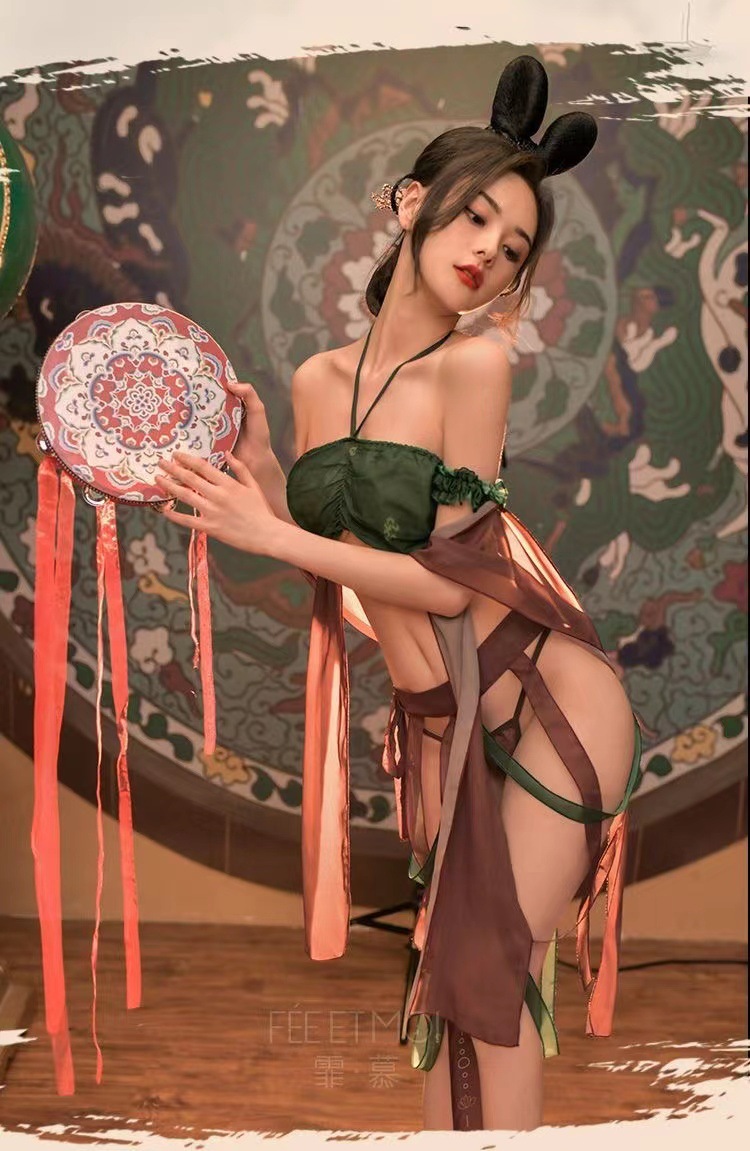 Dunhuang Apsara Hanfu Cosplay Lingerie Set, Black Mesh with Garters, Women’s Pajama Suit — detail image 11