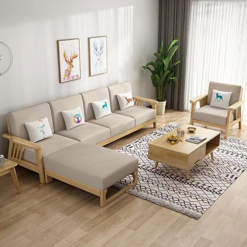 Nordic solid wood sofa set, modern minimalist Chinese-style princess corner sofa for small living rooms, three-seater living room furniture