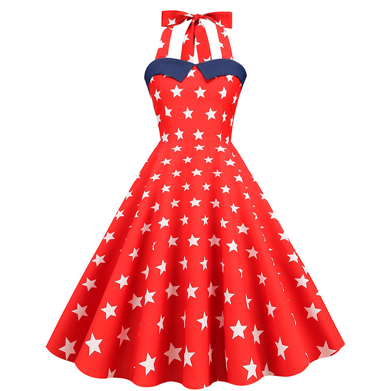 Amazon Europe and America Cross-border Independence Day US Flag Hanging Neck Retro Hepburn Dress 8026