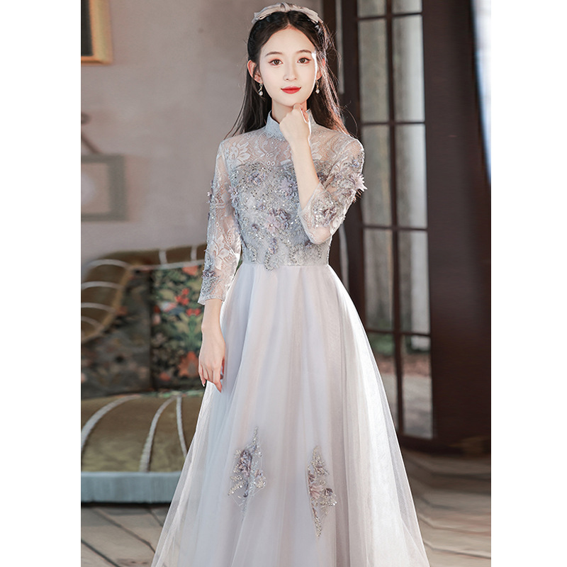 Estilo chino cheongsam vestido de compromiso para las mujeres 2024 nuevo elegante luz de lujo anfitrión bienvenida etiqueta vestido de noche arte prueba