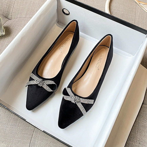 【Su Yinyin Style】Bach Serenade Pointed-Toe Water Diamond Bow Flat Shoes Women High Heels Office