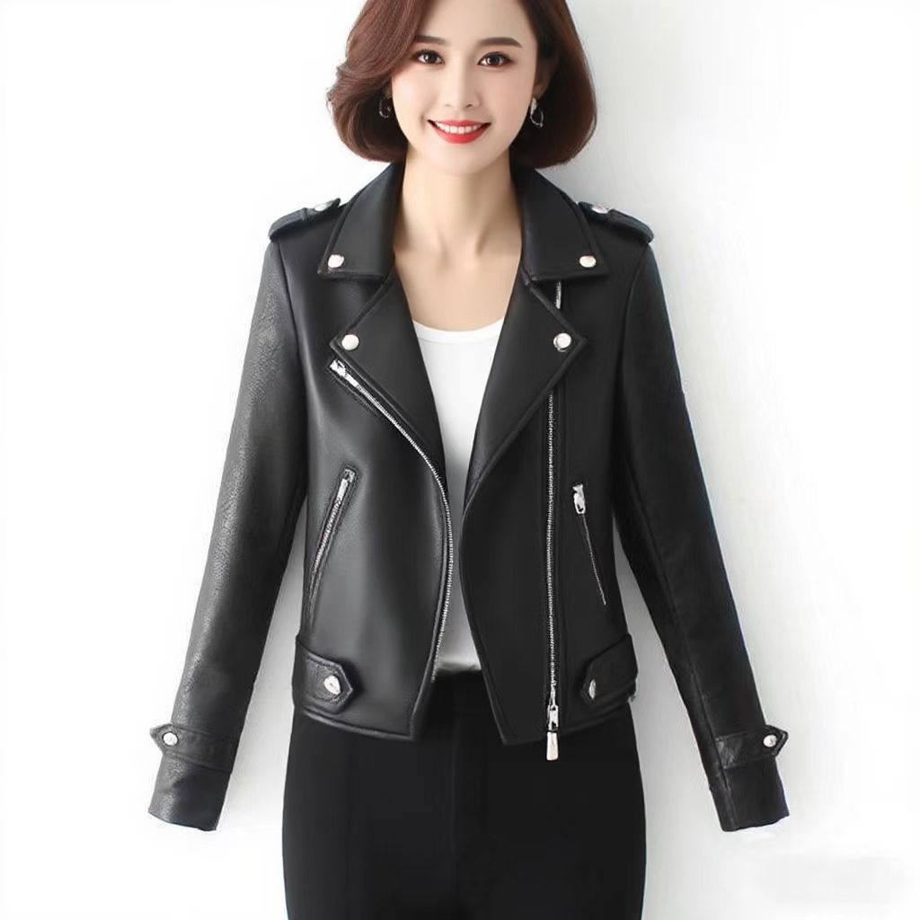 2024 women's spring slim leather ice ice with women's short lapel locomotive women's leather coat wholesale