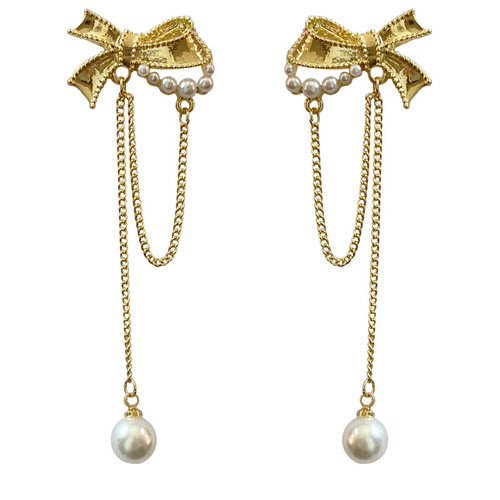 925 silver needle pearl bow tassel earrings Korean sweet temperament earrings fresh design fashionable earrings