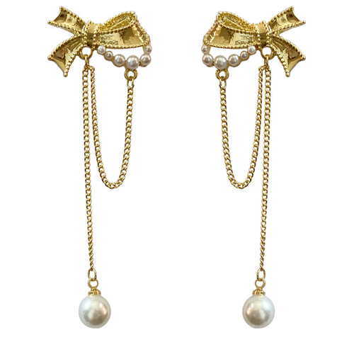 925 silver needle pearl bow tassel earrings Korean sweet temperament earrings fresh design fashionable earrings