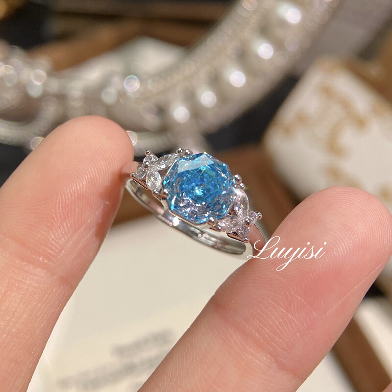 新しい八角形ミレニアムローズカットパライバリング象嵌高炭素ダイヤモンド蝶女性リングオーシャンブルーダイヤモンドリング卸売|undefined