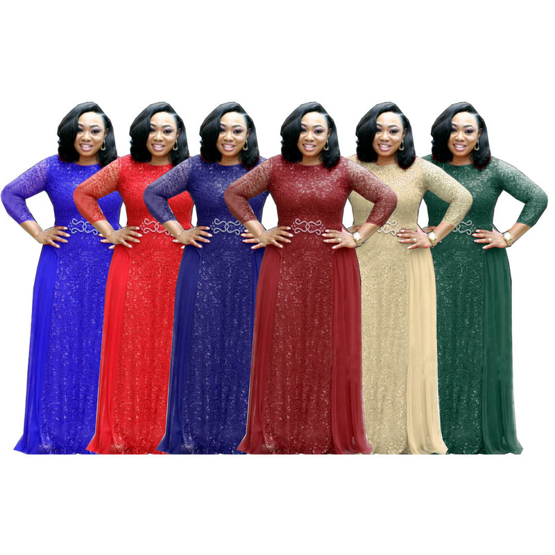 Cross-border Supply Lace Sequins Round Neck Sleeve Daily dress Evening Dress Party Dress African Hot-selling Women's Clothing