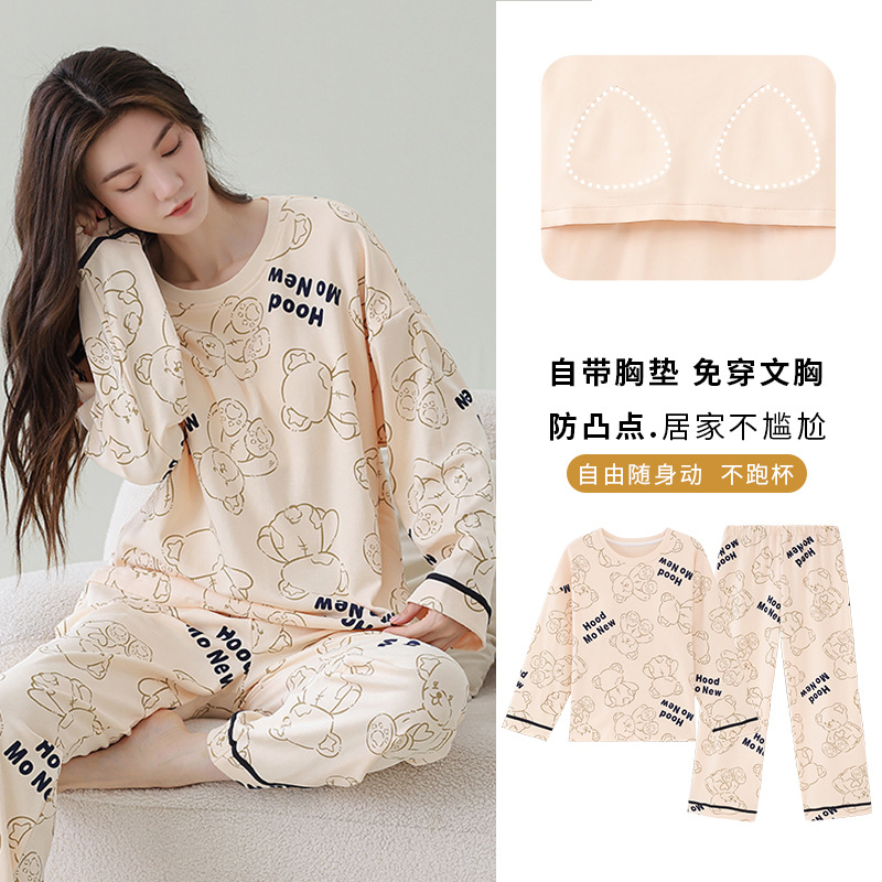 Women's Autumn and Winter Imitation Cotton Long-Sleeved Crewneck Pullover Home Clothes with Chest Pad Cartoon Cute suit Wear-Free Bra