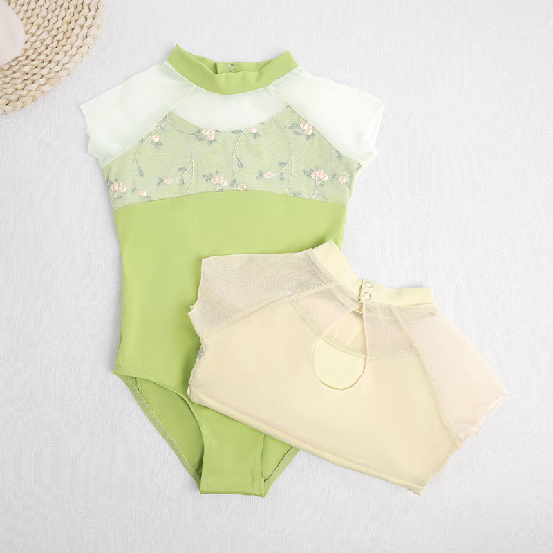 Ropa de baile para niños, ropa de entrenamiento de baile de nailon para niñas, ropa de rendimiento de cuello alto de temperamento bordado de manga corta de verano