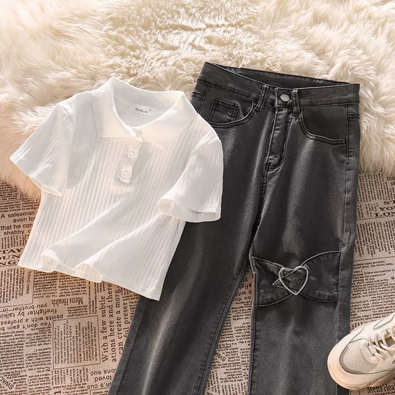 Short set, knitted denim flared trousers, polo collar