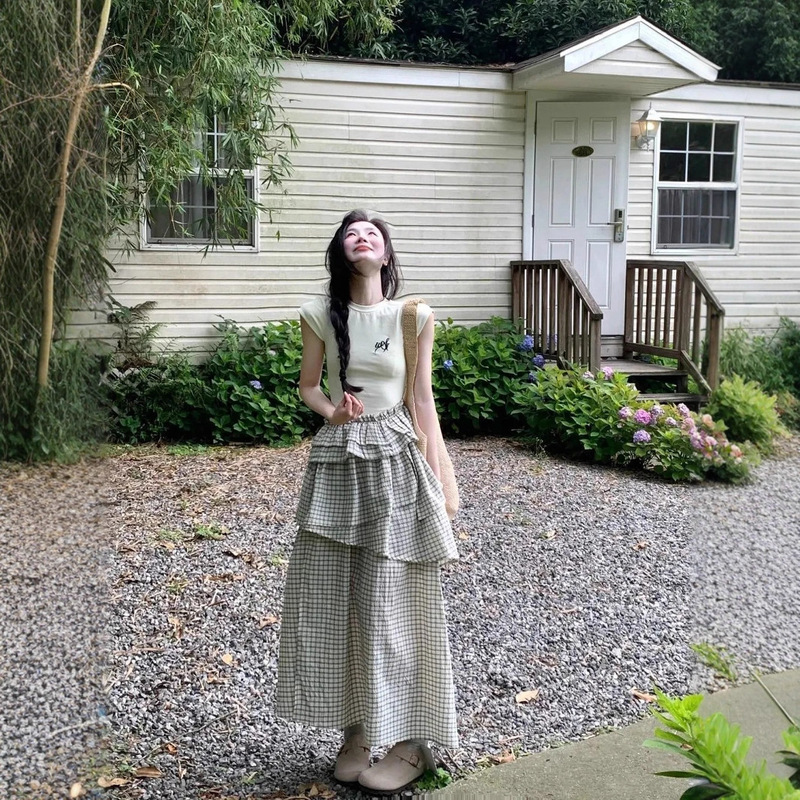 Gentle Multi-Layered Skirt Design Dress for Women Summer Korean New Commuter Skirt Apricot Cake Long Skirt