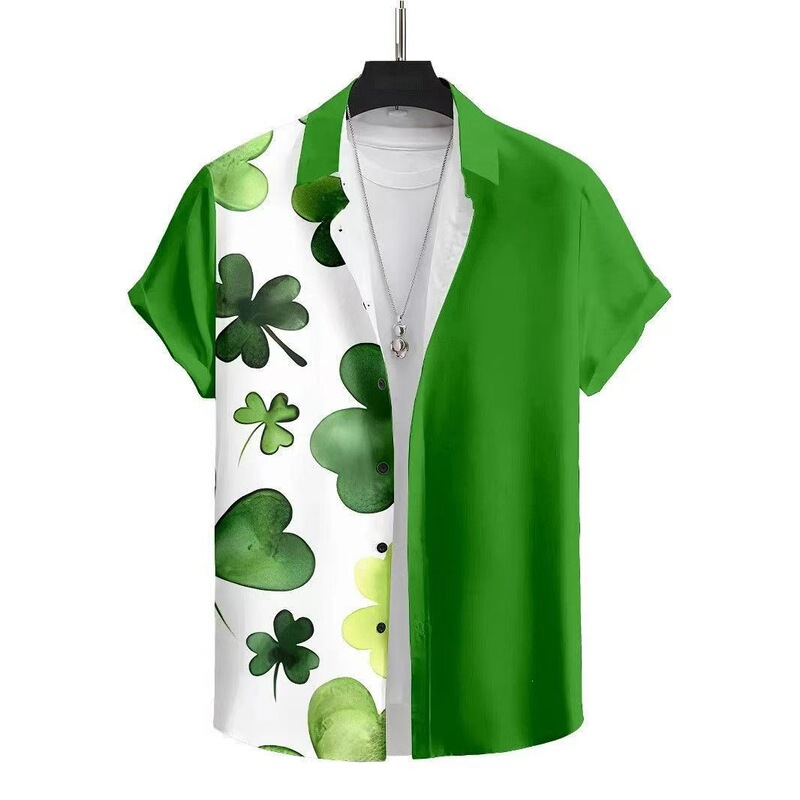 Summer New Men's Clover Print Short-Sleeved Shirt Loose Casual Cardigan Cross-Border Trendy Top Summer New Men's Clover Print Short-Sleeved Shirt Loose Casual Cardigan Cross-Border Trendy Top