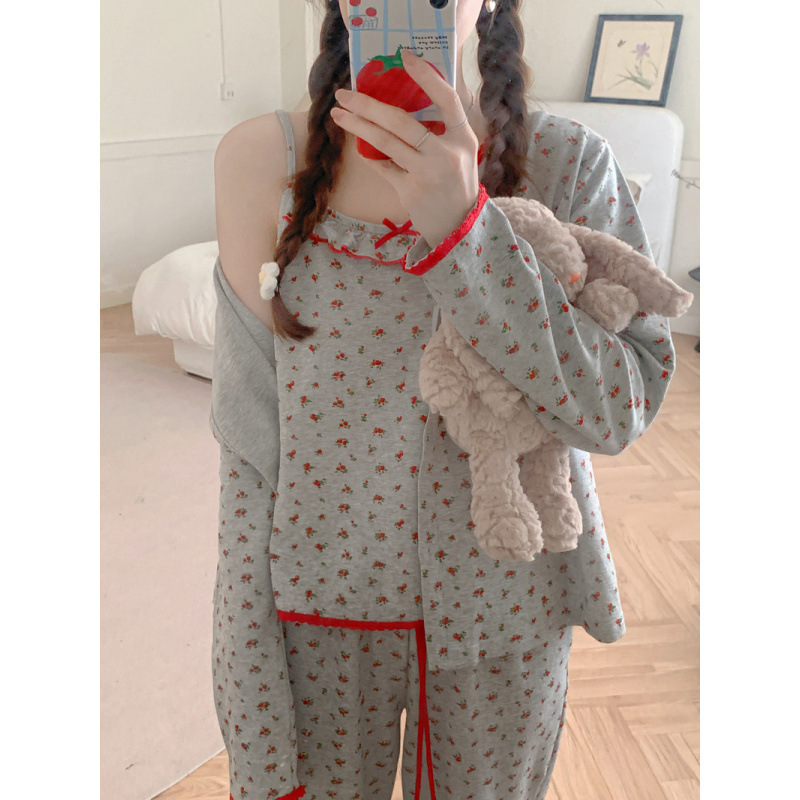 韩国ins女士春秋新品3件套初秋韩系少女碎花田园风家居服睡衣套装|undefined