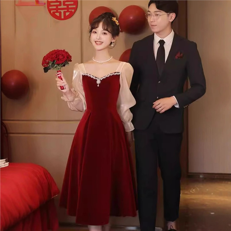 Bridal Toast Dress 2025 Autumn/Winter Tulle Sleeve Engagement Dress for Petite Women, Mid-Length Gown for Wedding Banquet and Homecoming Bridal Toast Dress 2025 Autumn/Winter Tulle Sleeve Engagement Dress for Petite Women, Mid-Length Gown for Wedding Banquet and Homecoming