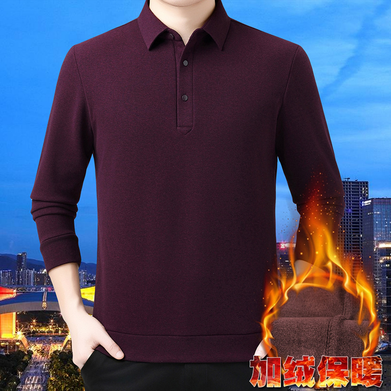 High-End Counter Men's Polo Shirt Autumn and Winter Fleece-Lined Lapel Cashmere Business Casual Long-Sleeved T-Shirt Pure Color Top