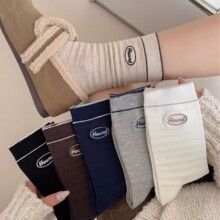 韩版袜子女纯色中筒袜春秋棉袜ins潮美拉德字母刺绣学院风堆堆袜