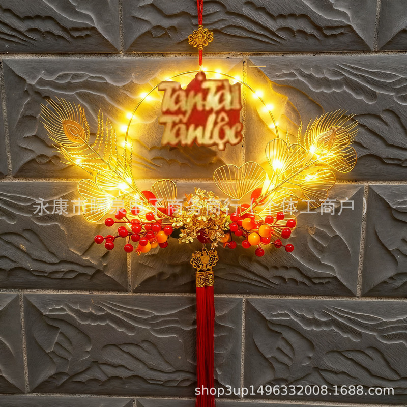 2026新款越南文发光铁艺孔雀毛装饰入户氛围灯店铺装饰挂东南亚外|undefined