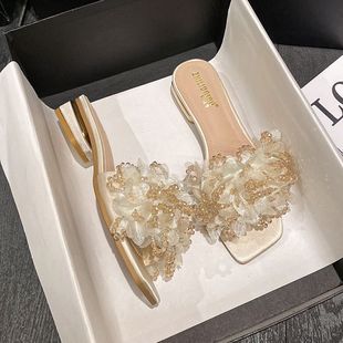 Summer Sandals for Women, Flower Outer Wear, Fairy Style 3cm Low-Heeled Slippers for Women to Go Out, Flat-Heeled Flip-Flops