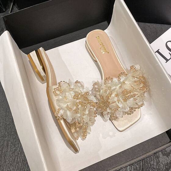 Summer Sandals for Women, Flower Outer Wear, Fairy Style 3cm Low-heeled Slippers for Women, Flat-heeled Slippers for Outings