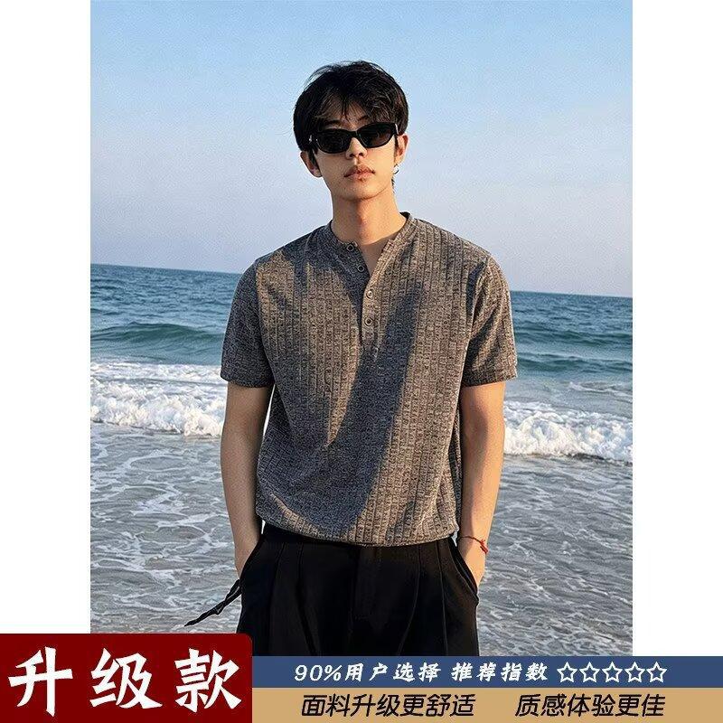 American retro summer old money style short-sleeve men's casual vintage relaxed henley collar T-shirt 3