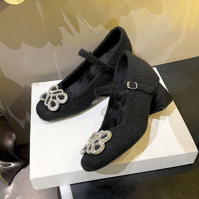 2026 nuevo tamaño pequeño francés 33 zapatos de tacón ultra alto de mujer con botón cuadrado de diamante de veludo zapatos de veludo de tacones gruesos