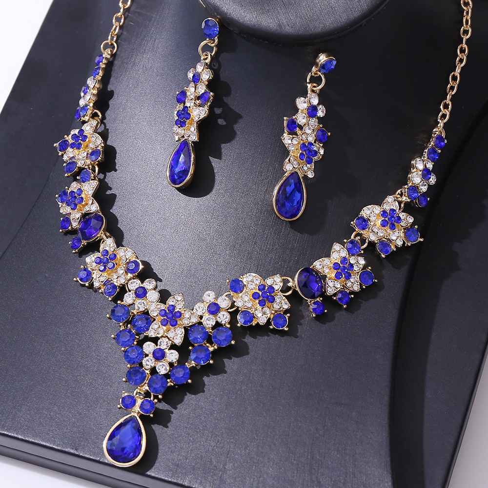 Water Droplets, Flower Pattern Bridal Water Droplets Flower Alloy Inlay Rhinestones Earrings Necklace