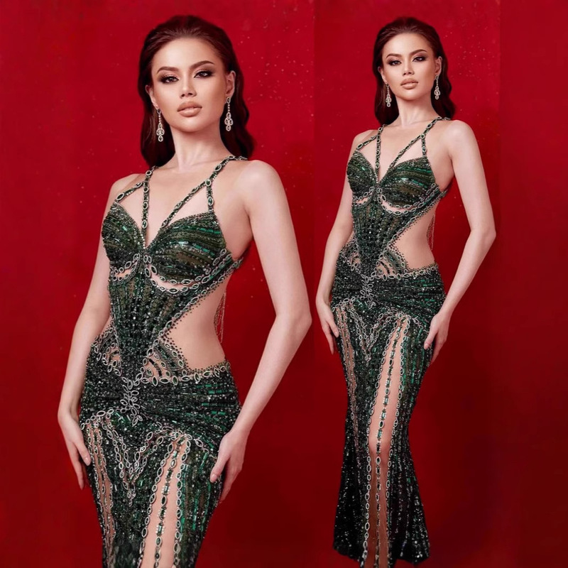 European and American Independent Station New Sling with Diamond and Nail Beads Hot Drilling High Set Night Shop Beauty Pageant Sexy Dress Dress