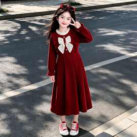 女童秋冬红色喜庆连衣裙网红新款时尚小女孩中长款拜年服演出礼服