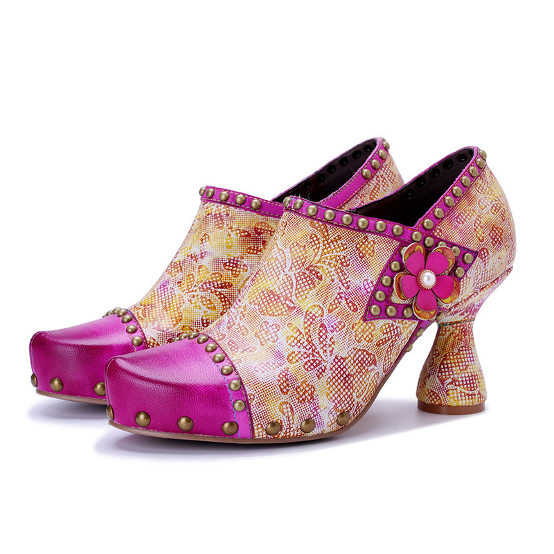 Spring/Summer 2025 New Foreign Trade Women's Genuine Leather Handmade Stained Printed Retro Three-Dimensional Flower Studded High Heels