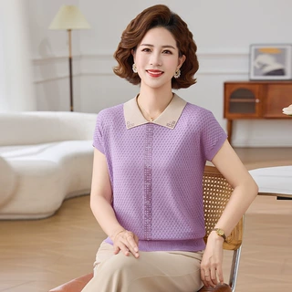 洋气妈妈夏装薄款针织上衣中年翻领短袖T恤中老年女夏季冰丝小衫