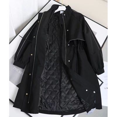 Windbreaker Inside Cotton clip England temperament Easy Stand collar Drawstring Waist Show thin Long Cotton clip coat Autumn and winter